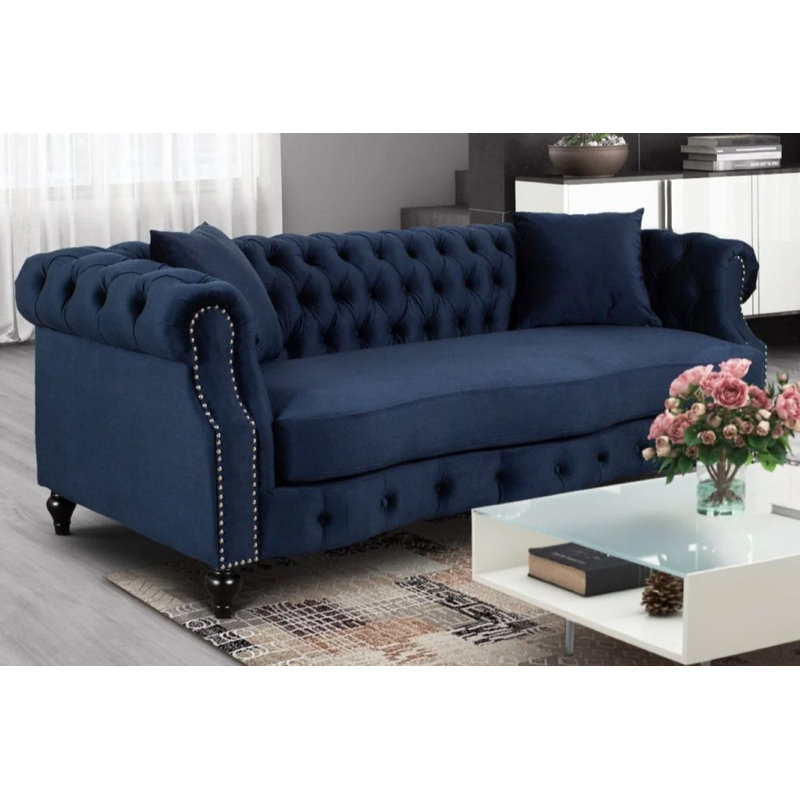 Mitchellville 3 Seater Velvet Scroll Arms Sofa, Navy Blue