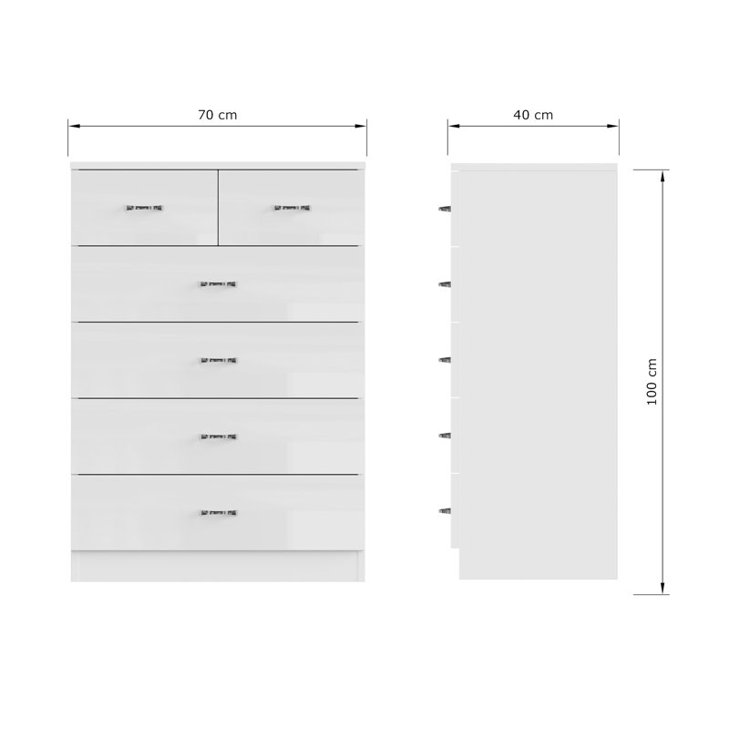 Brendle 6 Drawer Chest Of Drawers: 70cm Wide - High Gloss Front with Chrome Handles, Scratch Resistant., White