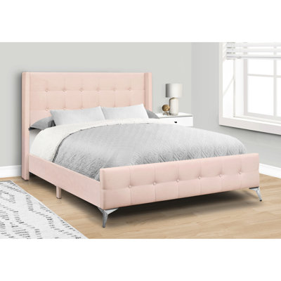Pink Velvet Queen Bed With Foam Filled Upholstery And Wingback Style Upholstered Metal Legs Curved Lines