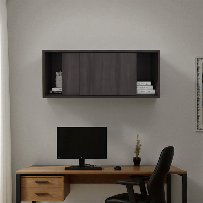 Note Armoire de rangement murale de 32 pouces de largeur avec portes coulissantes, Noyer foncé