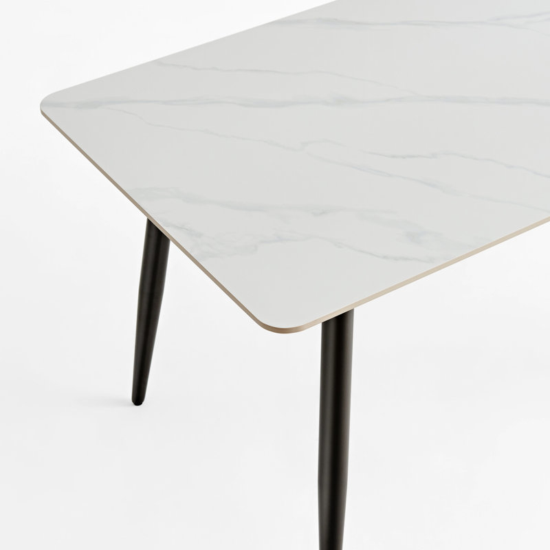 Large Rectangular 1.4m Dining Table With Metal Support For Kitchen And Living Room, White Ceramic Surface, Heat Scratch , Rounded Edge, Stylish Legs, Minimalist Design, Fast Setup Modern Base