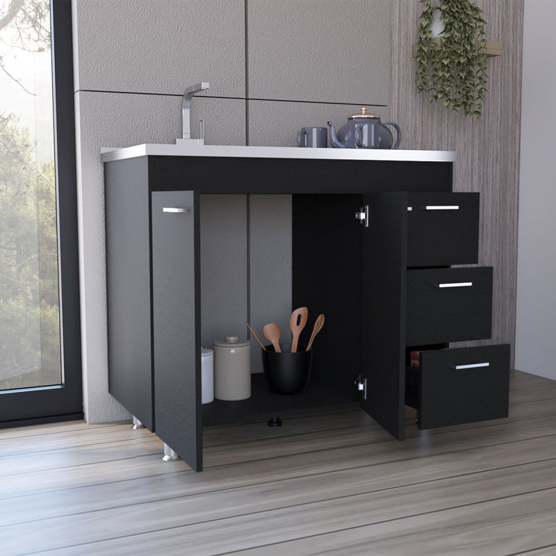 Évier utilitaire avec trois tiroirs et armoire double porte Ferretti - noir