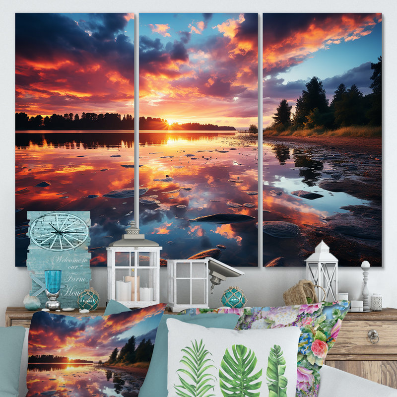 Horizon, coucher de soleil au bord du lac I - lac, art mural, Toile tendue, H 28 po x l 36 po x P 1 po