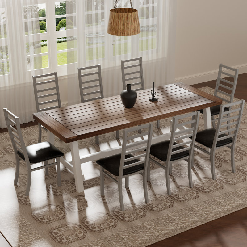 Ensemble de salle à manger rectangulaire en bois avec dossier haut, Blanc, Brun, Gris