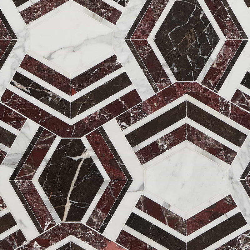 Mezzo 11x18 Polished Calacatta Marble Mosaic Tile, Bordeaux Polished