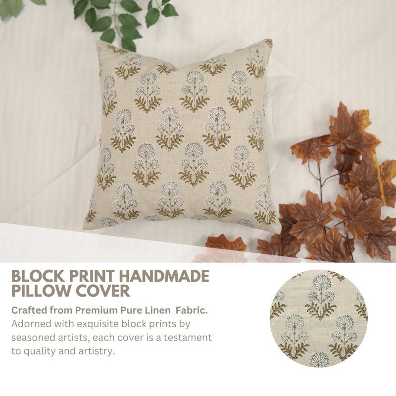 Linen Pillow Cover, Square, Beige Floral 1, 24" H x 24" W