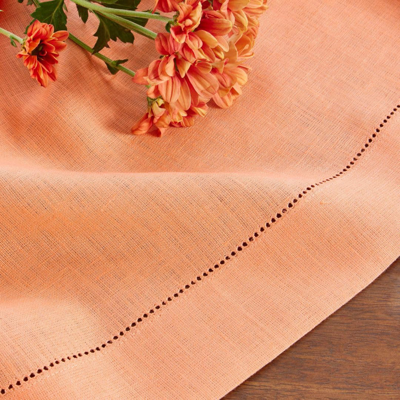 100% Pure Linen Hemstitch Tablecloth- Classic Hemstitch, Coral, 120" x 60"