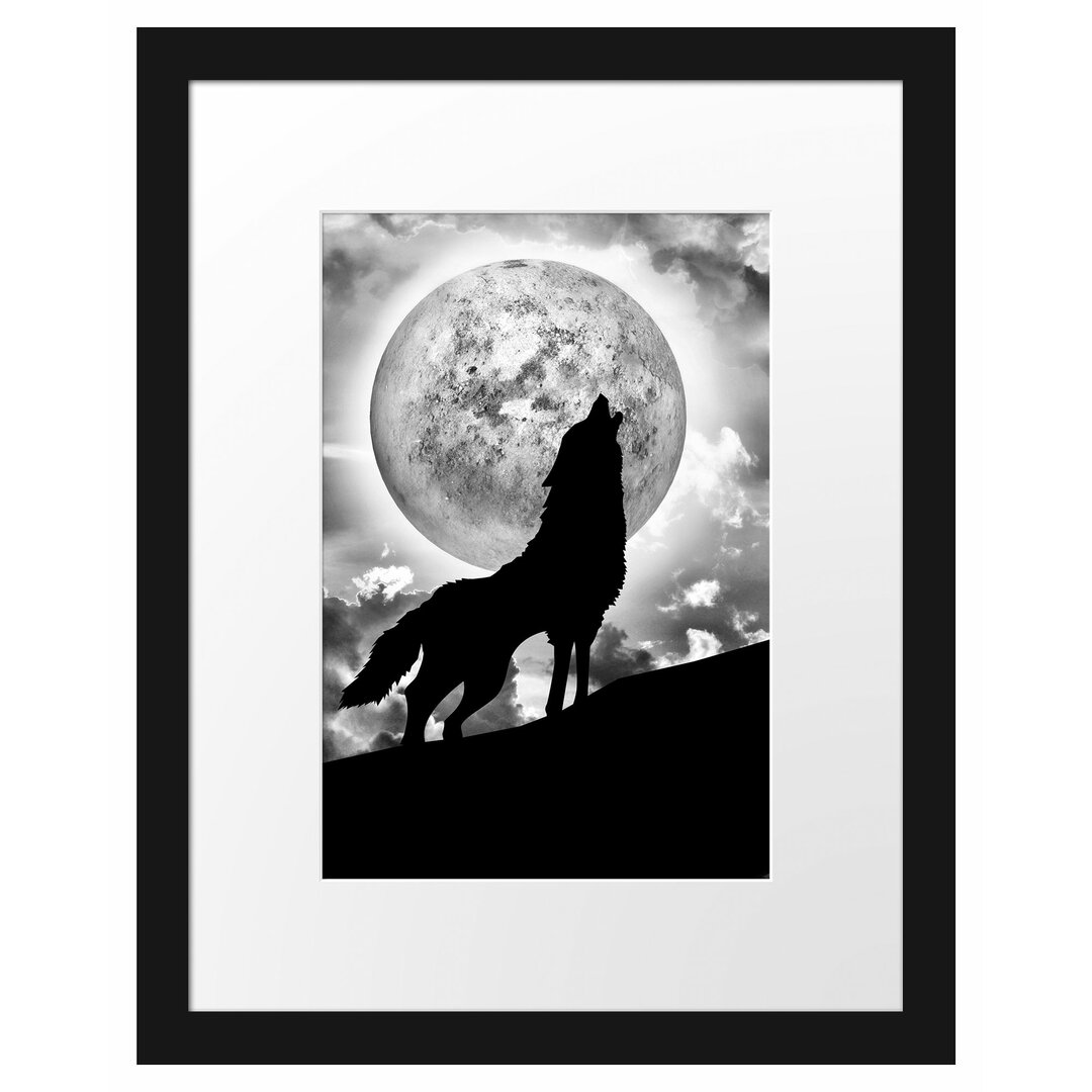 Gerahmtes Poster Wolf heult Mond an