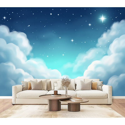 Peel and Stick Wallpaper Dreamy Starry Night Sky Soft Fluffy Clouds Summer Decor Wall Murals 69"H x 96"W Removable PVC Wall Paper Self-Adhesive Wall Decor for Bedroom Living Room Home Office
