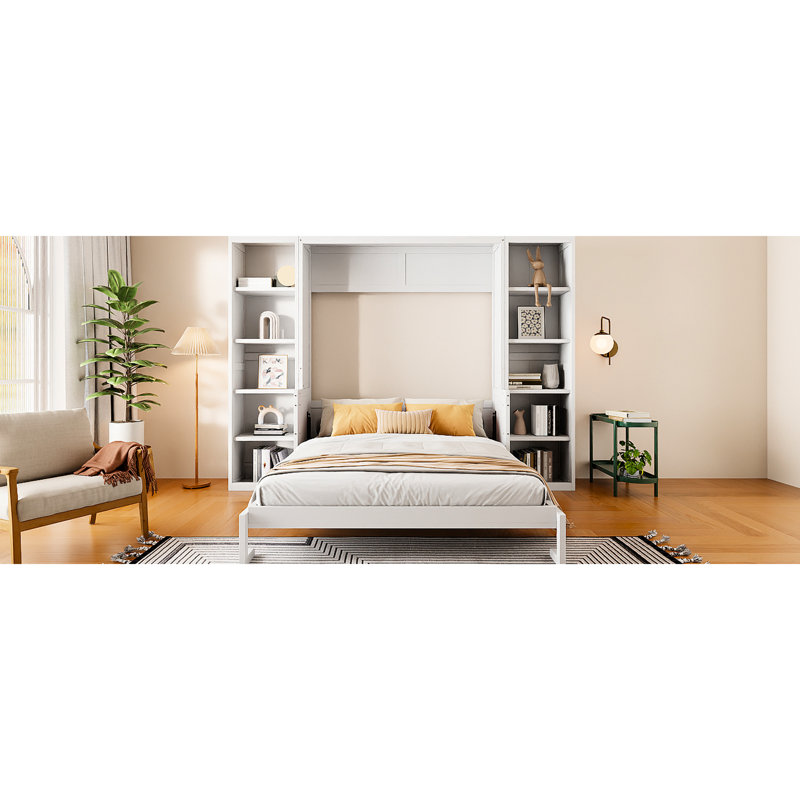 Lit grand format avec bureau et tablette à livres pour pointes pivotantes peu encombrantes, blanc - bibliothèque passionnée et bois de pin résistant. Dans la chambre à coucher. Aucune boîte à ressorts nécessaire. Vaste espace de rangement. Pliable