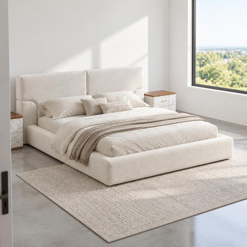 Cadre de lit plateforme moderne avec tête de lit rembourrée en polyester, sommier métallique discret, sans sommier tapissier, structure robuste en fer renforcé, support à lattes en bois massif