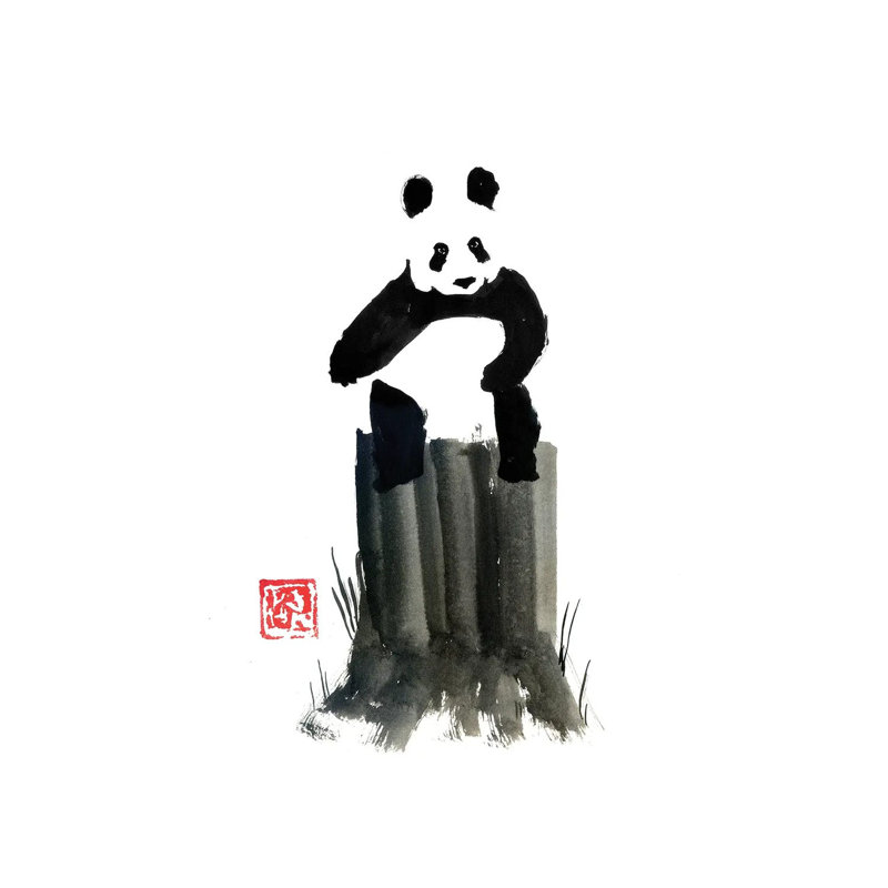 Panda On The Cut Tree by Péchane - Painting on Canvas, 20.32 cm H x 30.48 cm W, Wrapped Canvas