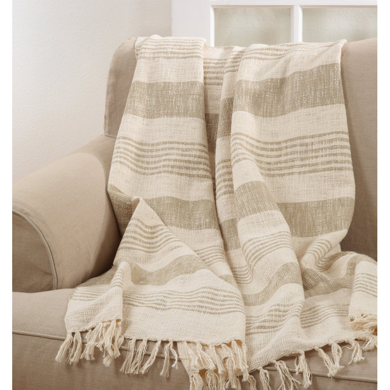 Natural Cotton Striped Reversible Throw Blanket with Tassels