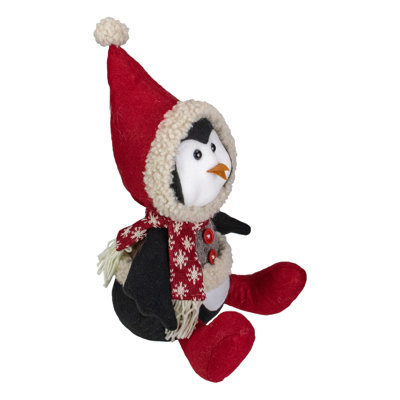 15-Inch Red White and Gray Sitting Winter Penguin Christmas Tabletop Decoration