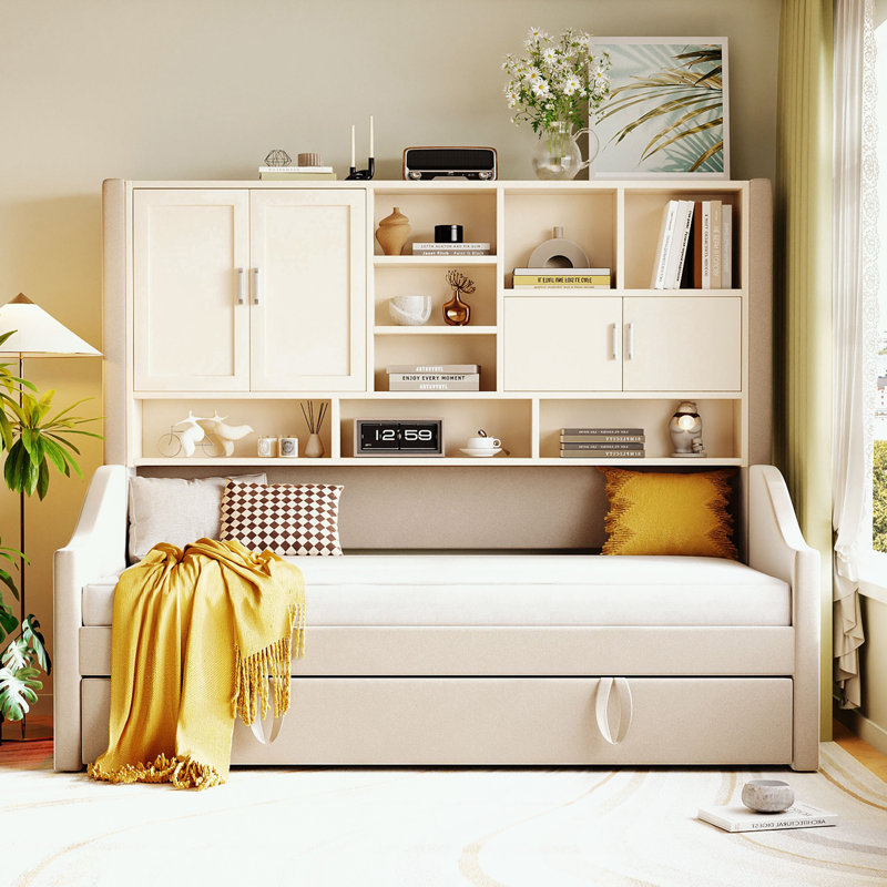 Twin Size bed with LED Armrest Lights, Storage Shelves and Cabinets, Beige