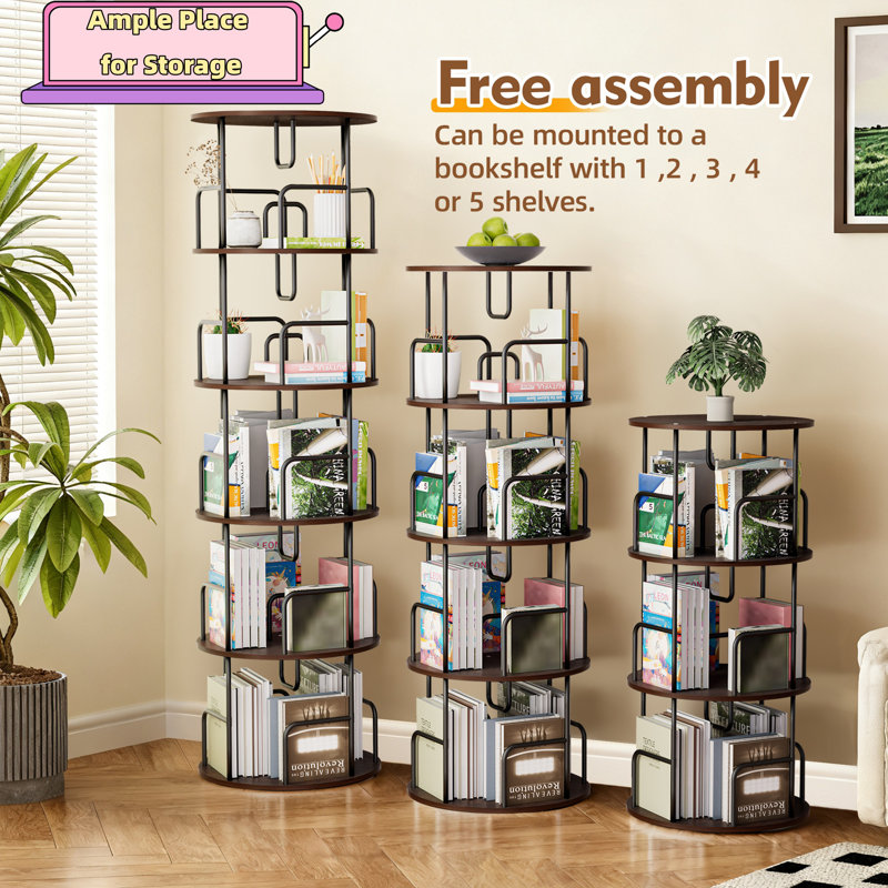 Bibliothèque rotative 62,2 po H avec tablette à 5 niveaux pour le salon, la chambre à coucher (noyer), Noyer brun