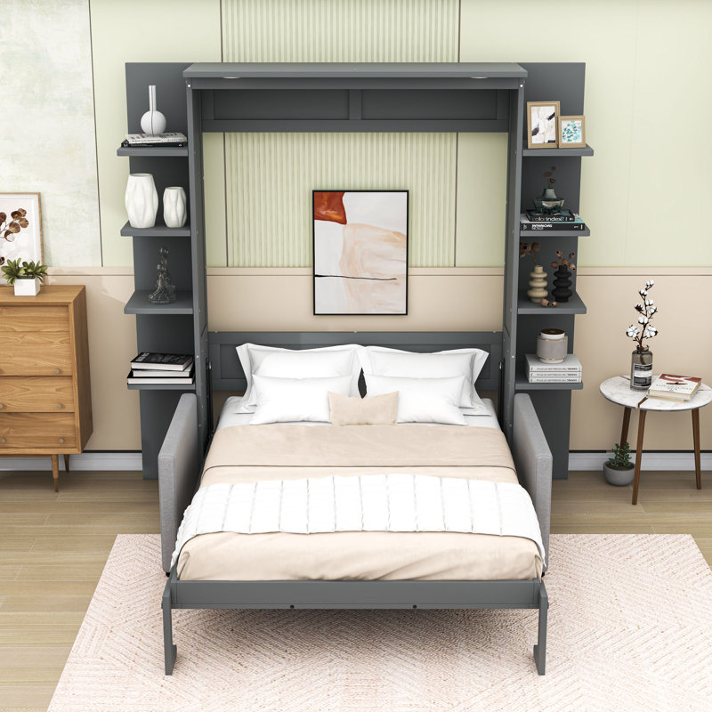 Grand lit escamotable mural avec canapé et tablettes, conception pliable peu encombrante, Gris