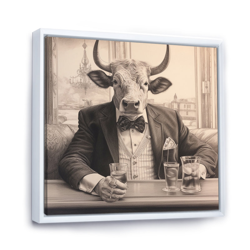 Vache ayant une boisson III - impression, 24" H x 24" W, Cadre flottant blanc