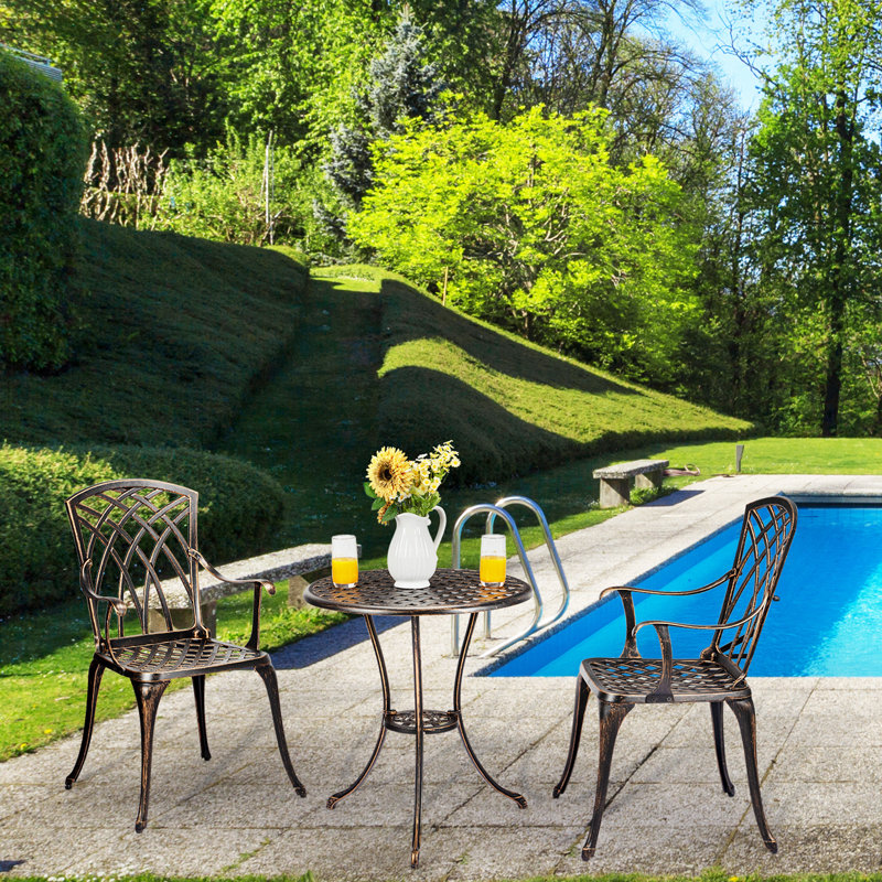 Ensemble bistro 3 pièces, chaises et table en fonte d'aluminium avec trou pour parasol, couleur bronze