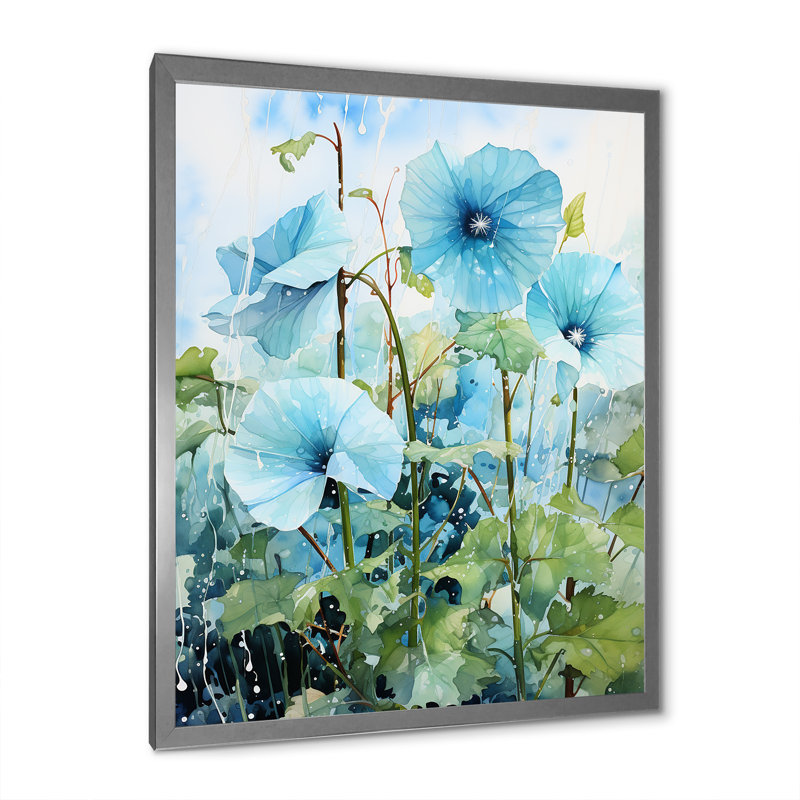 «Blue Morning Glory», art mural Dewy Blooms II, Cadre simple argenté, H 44 po x l 34 po x P 1,5 po