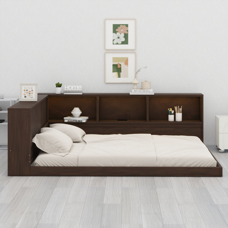 Functional Wooden Daybed with Open Storage Shelves, LED Lights & USB Ports, Brown