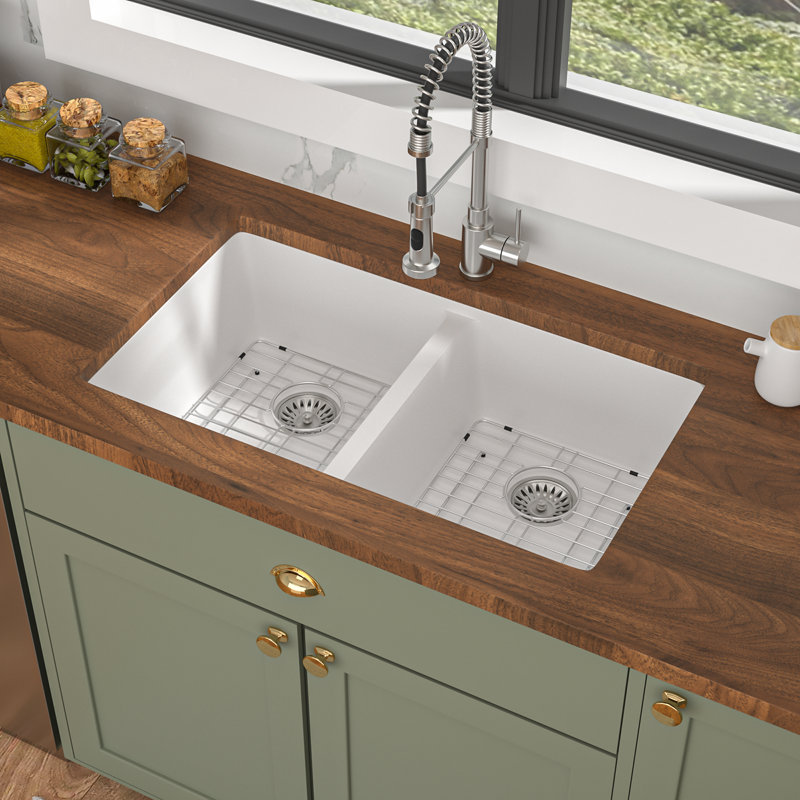 Évier de cuisine à double cuve encastrable 33 po x l 19 po avec accessoires, Blanc
