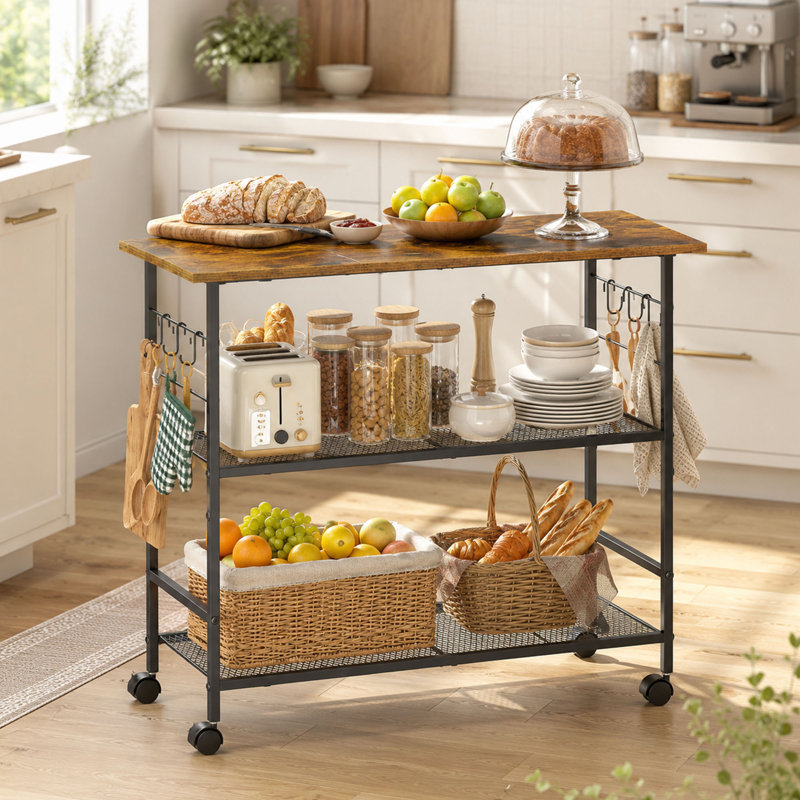 Chariot pour îlot de cuisine roulant, 3 tablettes, crochets et roues verrouillables, Brun