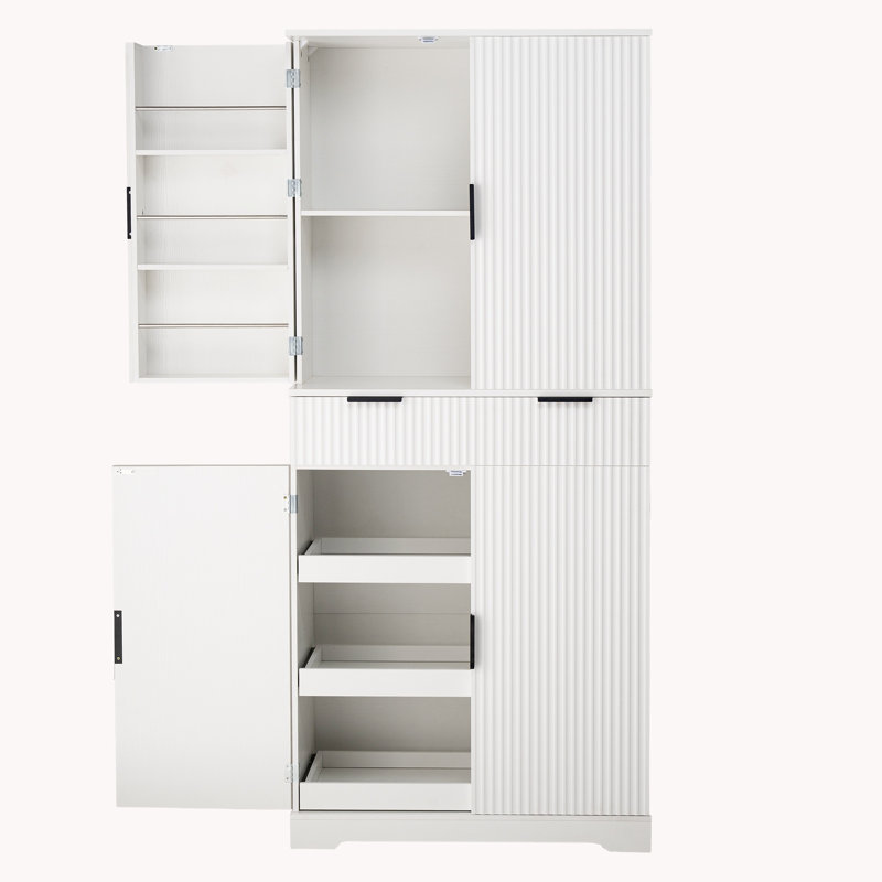 72" Fluted Kitchen Pantry Cabinet With 3 Keyboard Drawers & 6 Door Shelves Adjustable, Freestanding Cupboard Storage Cabinet For For Bathroom Diningroom, Office, Bathroom Storage