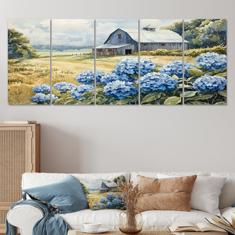Champ d'hortensias dans la cour de ferme - Art mural hortensia - Art mural traditionnel sur toile, H 32 po x l 80 po, 5