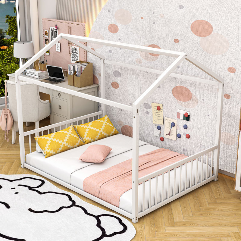 Metal House-Shaped Floor Bed With Safety Guardrails, Full, White