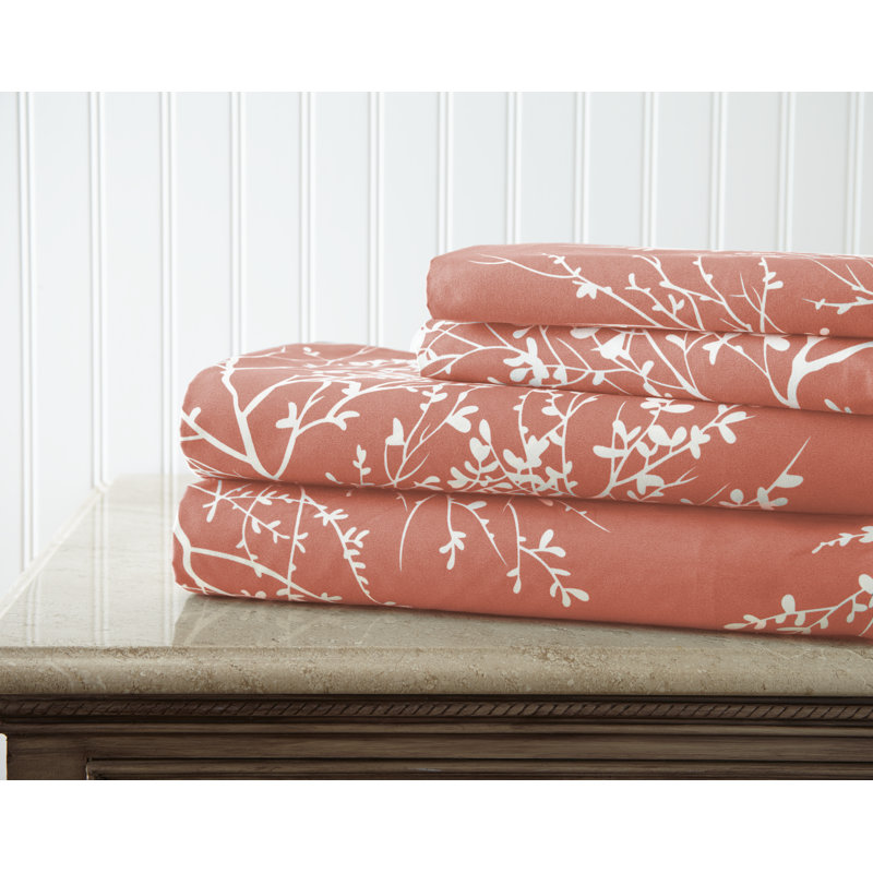 Microfiber Floral Sheet Set, Queen Sheet Set + 1 Fitted Sheet + 2 Pillowcases, Coral