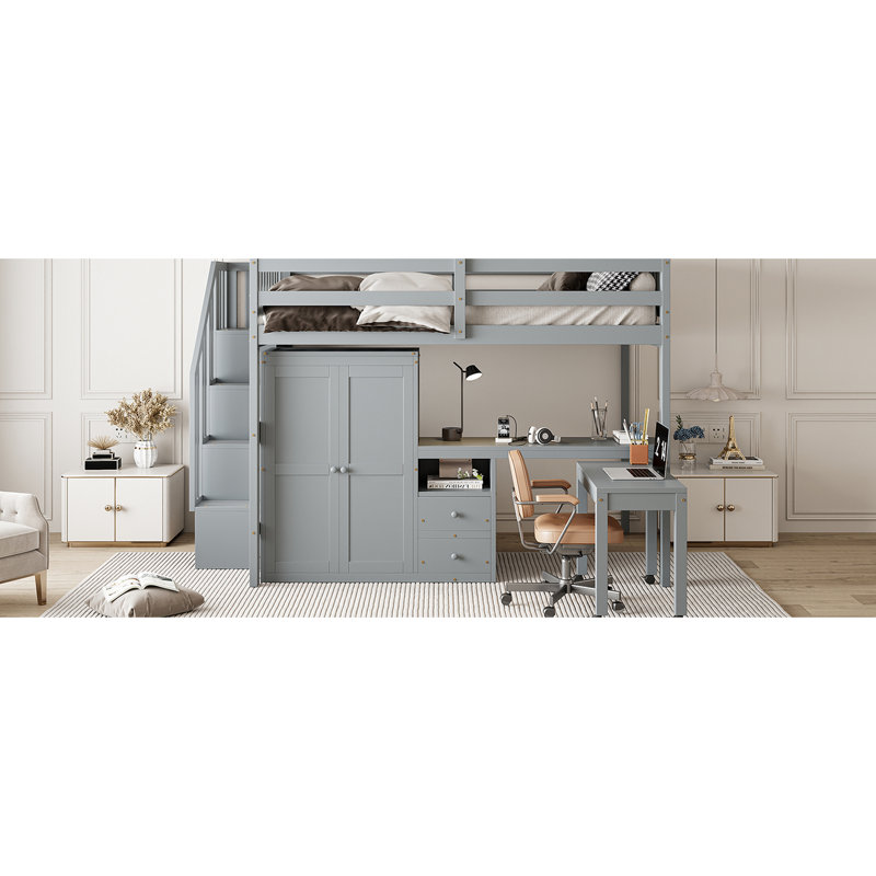 Lit double gris et lit mezzanine pour adolescents. Comprend des escaliers, une bibliothèque, des tiroirs, un bureau et une armoire. Fabriqué en bois. Lit optionnel peu encombrant pour les adolescents. Équipé de matériaux de qualité. Solution