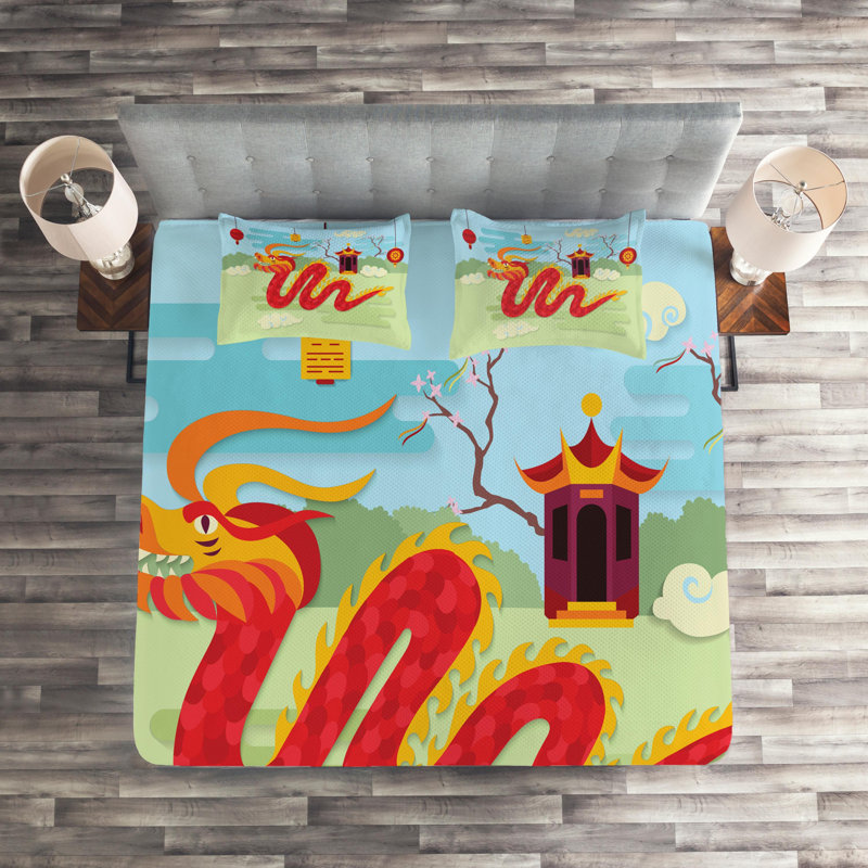 Dragon Coverlet, King Bedspread + 2 Shams