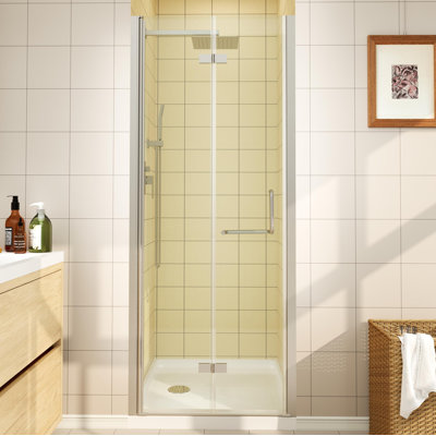 30 to 31-1/4 in. W x 72 in. H Bi-Fold Frameless Shower Door in Chrome with Clear Glass, Double-Sided Handles and Shatter-Resistant Film