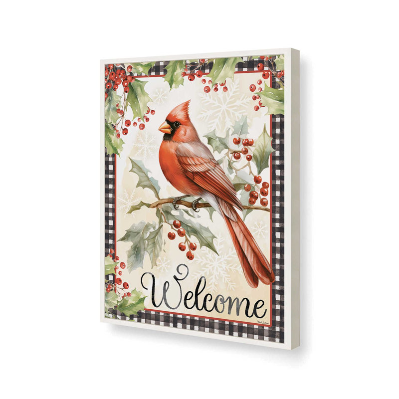 «Christmas Cardinal and Holly Berries» par Nicole DeCamp, reproduction d'art, L 30 x H 40, Blanc, Impression encadrée