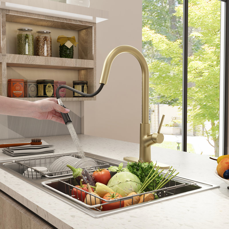 Robinet de cuisine rétractable à une poignée et un trou avec plaque de comptoir 1,8 GPM, Or brossé
