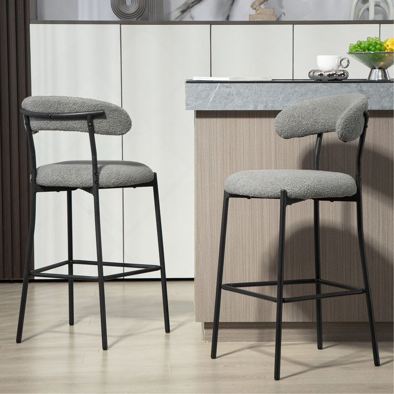 26'' Counter Height Bar Stools Teddy Fabric Cover Kitchen Island Counter Bar Stool With Black Powder Coating Base And Footrest(Grey)