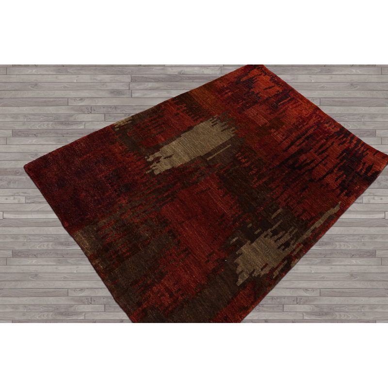 Tapis unique en laine noué à la main de 4 pi x 5 pi 1 po de couleur rouille / olive / menthe