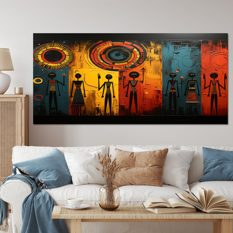 Khoary African Tribal Rhythms VII - Art mural tribal africain pour le salon, H 28 po x l 60 po, Toile tendue, Sans cadre