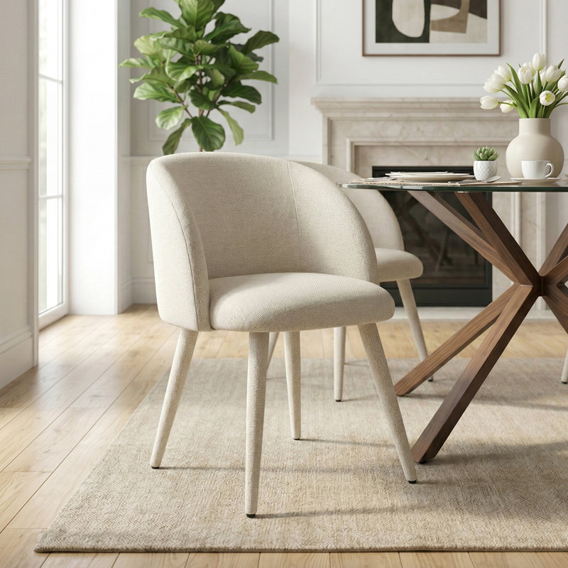 39" Round Glass Dining Table Set With 4 Upholstered Arm Chairs, White