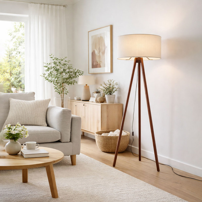 Scandinavian Style Floor Lamp, Ecru & Brown, 45.7 x 55.1 x 45.7 inches | 70% MDF & 30% PVC Fabric, 115 cm Tall | E27 Socket Max 40W, On/Off Switch on 78.7-inch Cable | Elegant Lighting for Modern Living Spaces