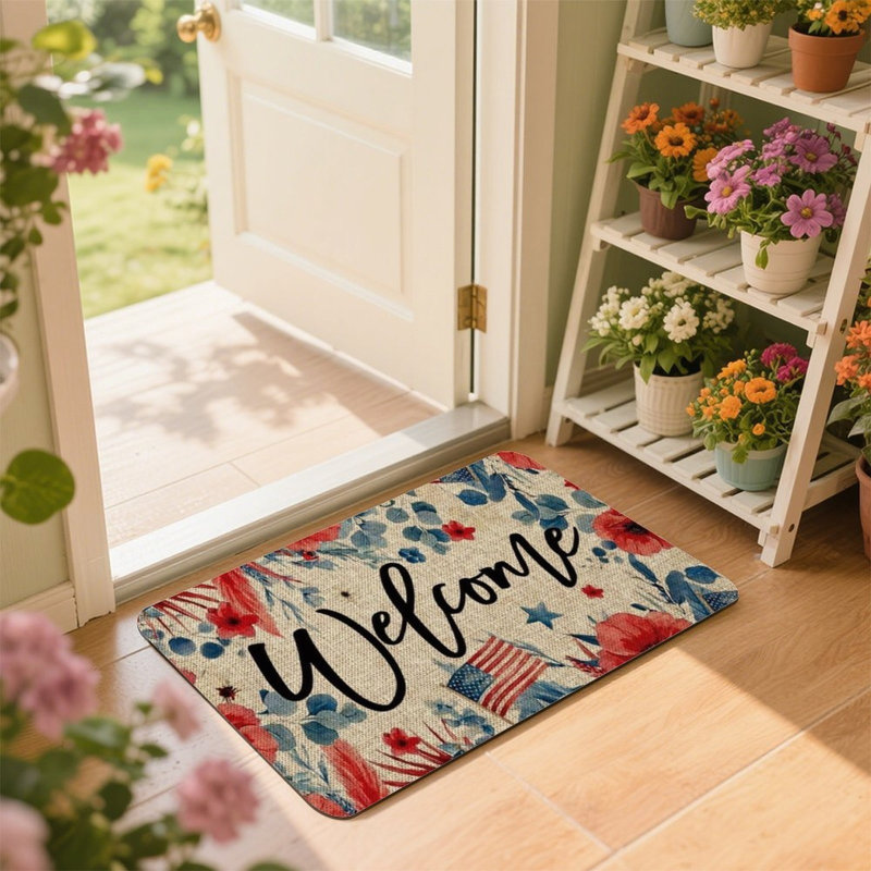 Tapis rouge à motif floral festif, porte avant et terrasse, 24 po x 36 po Festival