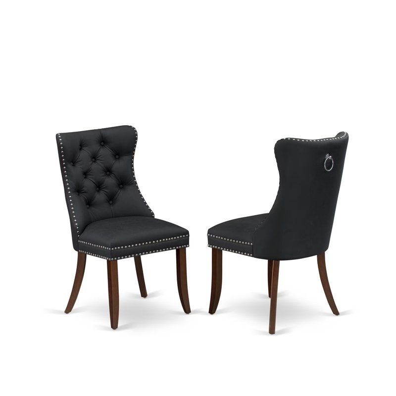Denison Parson Dining Room Chairs - Button Tufted Nailhead Dark Gray Polyester Fabric Padded Chairs, Set of 2, Mahogany