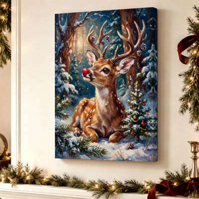 Portrait de renne - Décoration murale rustique de Noël avec un renne, impression sur toile tendue de 61 cm x 41 cm, prête à être accrochée dans le salon, la chambre ou le bureau à domicile.