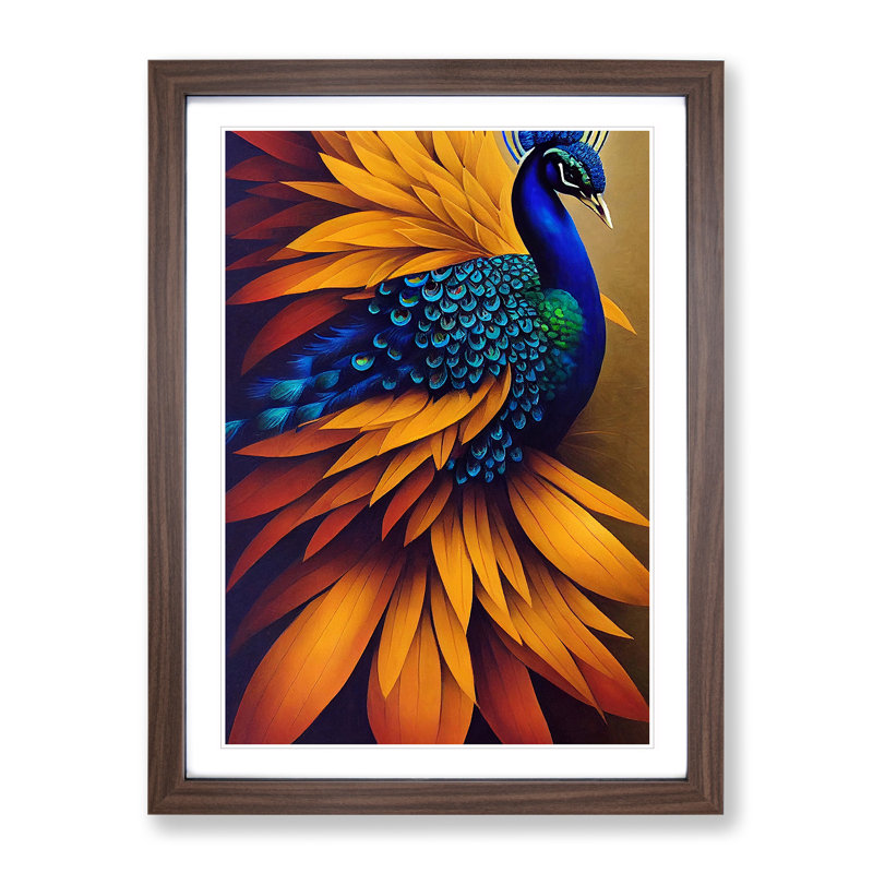 Contemporary Peacock - Single Picture Frame Painting, 64cm H x 46cm W x 2cm D, Walnut