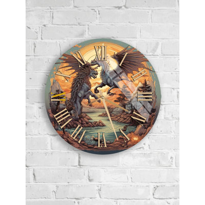 Dragon Griffin Tempered Glass Wall Clock, Fantasy Art Clock, Unique Home Decor, Statement Clock, Mythical Beasts, Orange and Blue Toned