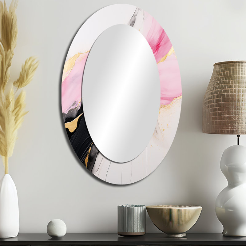 Miroir mural abstrait ovale abstrait doré rose et noir II, 36 po x 24 po