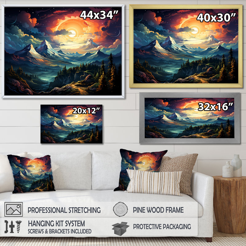 «Dreamy Mountain Scenery At Night II», art mural paysage d'hiver, Cadre de coin argenté fermé, H 24 po x l 32 po x P 1 po