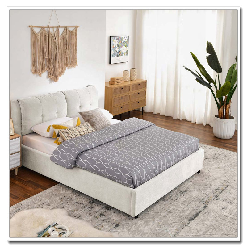 Lit avec rangement en tissu chenille, Grand lit
