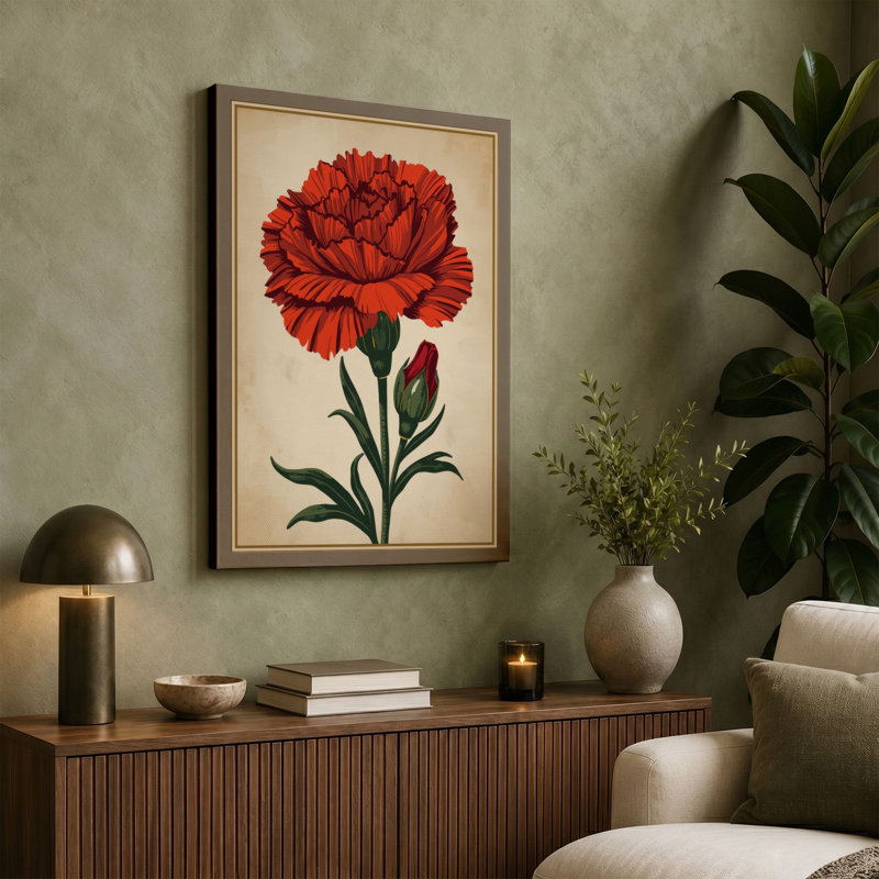 Crimson Carnation Study Botanical - Wrapped Canvas, 30x20 - 76.2 x 50.8 cm, Ochre Border